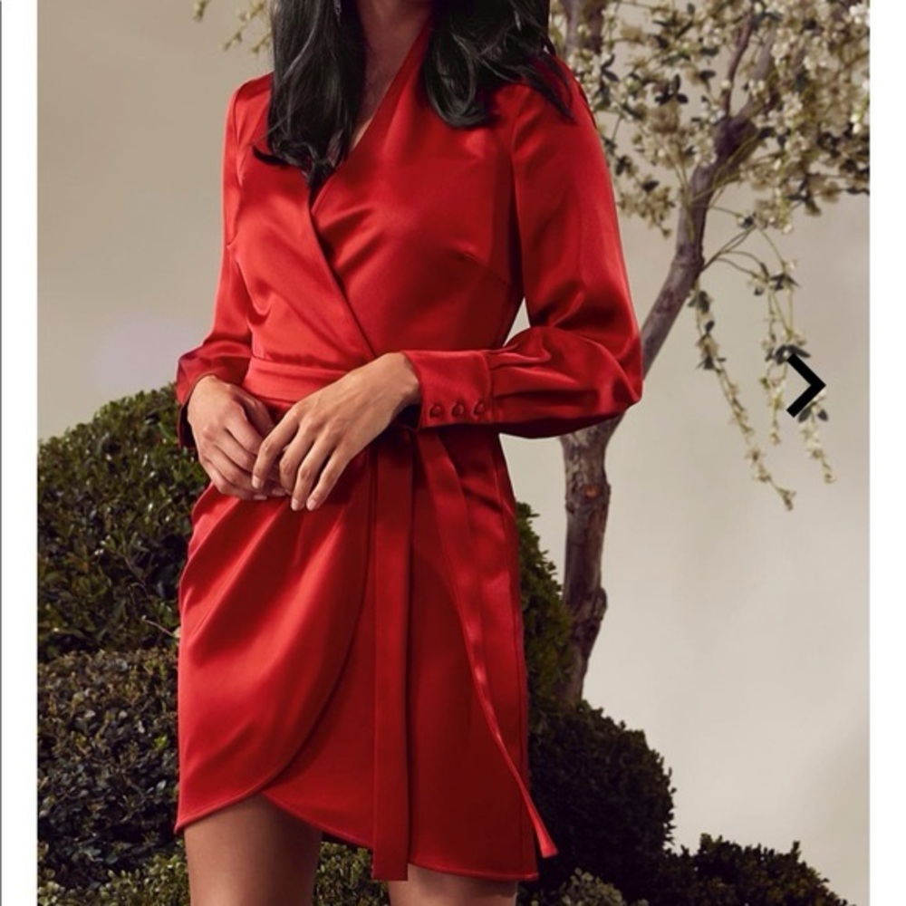 Marciano XS Satin Red Long-Sleeve Wrap Dress